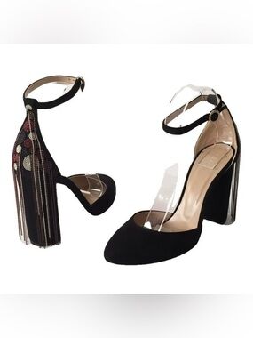 Chloé Black Suede Fringe Chain Heels